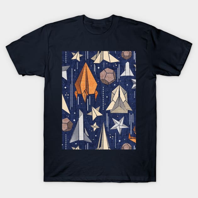 Reaching for the stars // pattern // navy blue background ivory grey brown and orange origami paper asteroids stars and space ships traveling light speed T-Shirt by SelmaCardoso